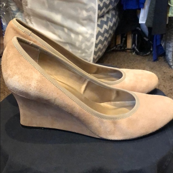 Tan suede wedge pumps